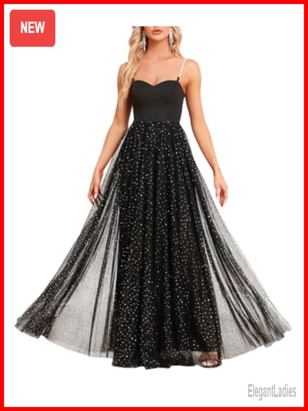 Sparkly Sequin Tulle A-Line Prom Gown V-Neck Sleeveless Maxi Formal Dress